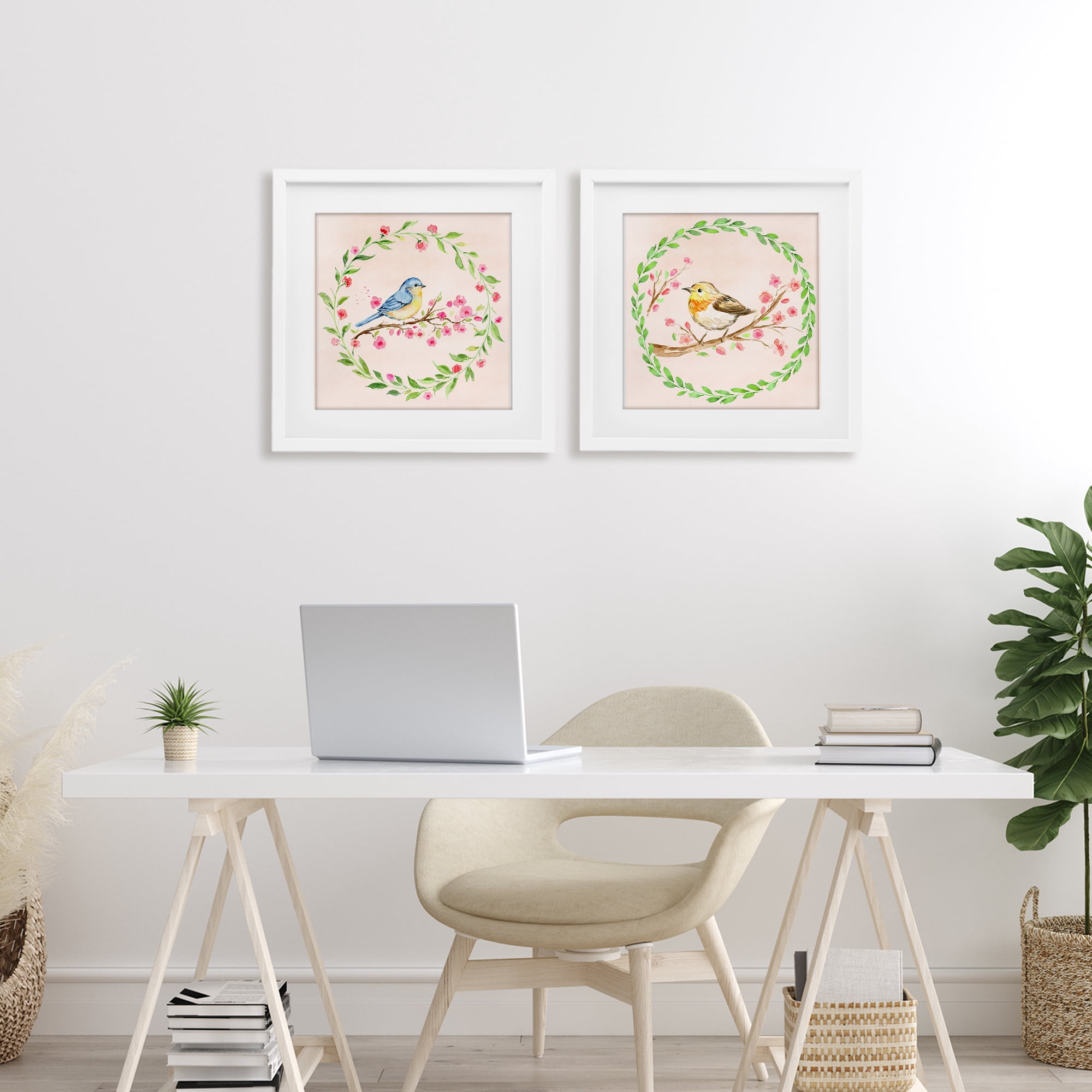 Spring Branches & Wreath Birds 2 Piece White Framed Print Under Glass Set, design by Elena Fay