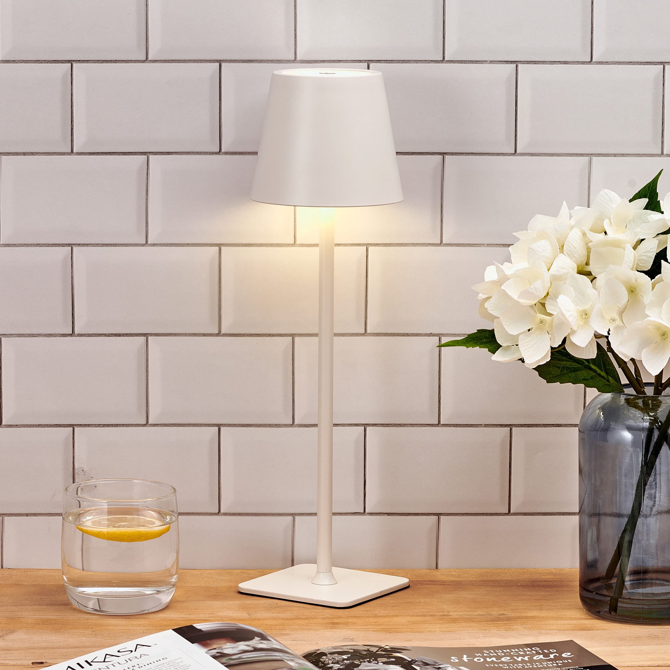 Home Accents 14.8 inch LED Cordless Metal Table Lamp, Rechargeable 3 Color Stepless Dimming, White