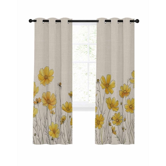 Yellow Spring Floral Blackout Curtains 45 Inches Long for Bedroom, Summer Botanical Rustic Daisy Thermal Insulated Room Darkening Black Out Window Curtain Panels Grommet Drapes for Living Room