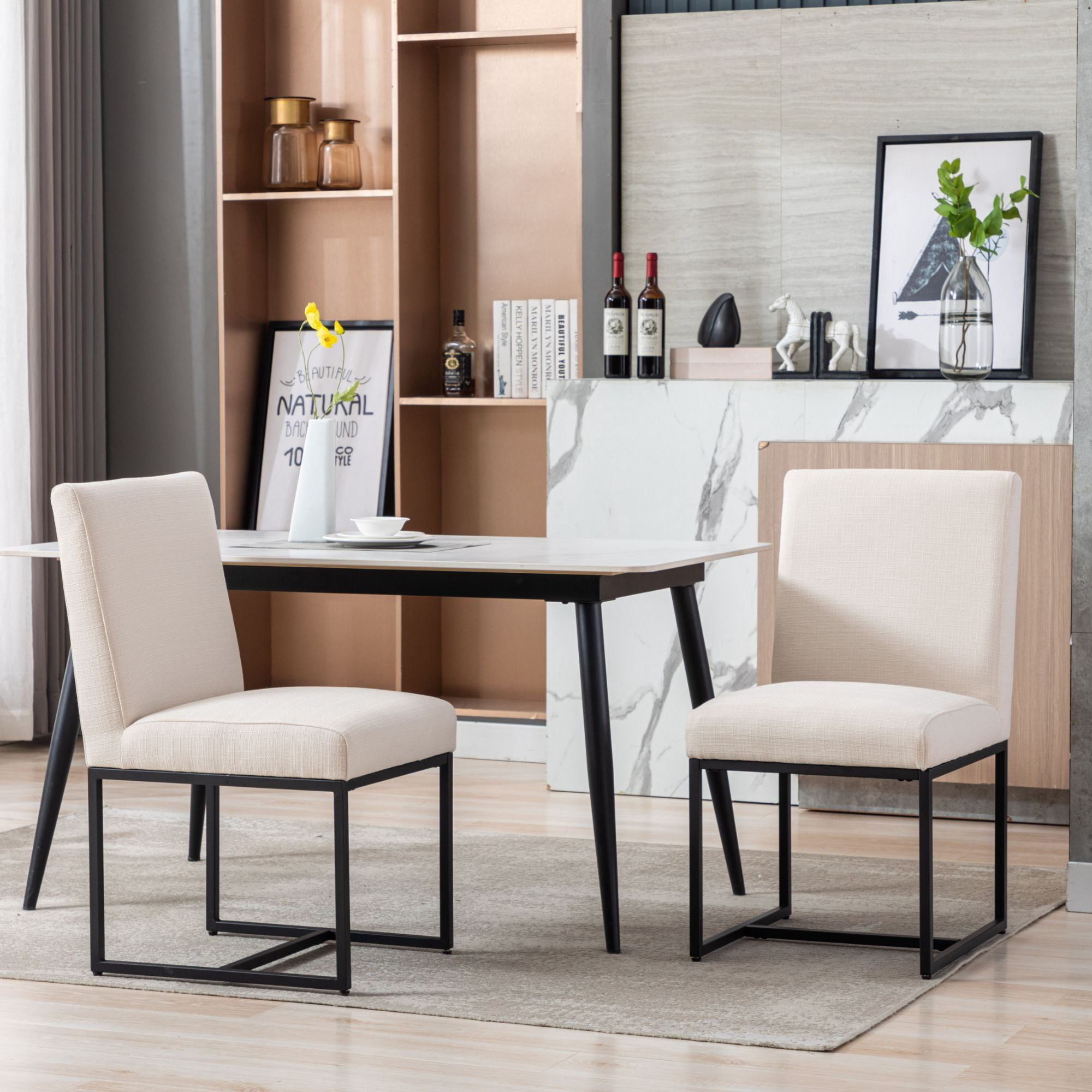 Dayalane Mid Century Modern Dining Chairs Set of 2, Beige Linen Upholstered Kitchen & Dining Room Chairs with Black Metal Frame, Armless Side Chairs for Living Room"
