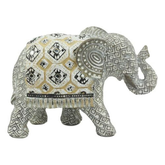 Ebros Silver Geometric Elephant Statue with Unique Tapestry Blanket Design 6.25" Long
