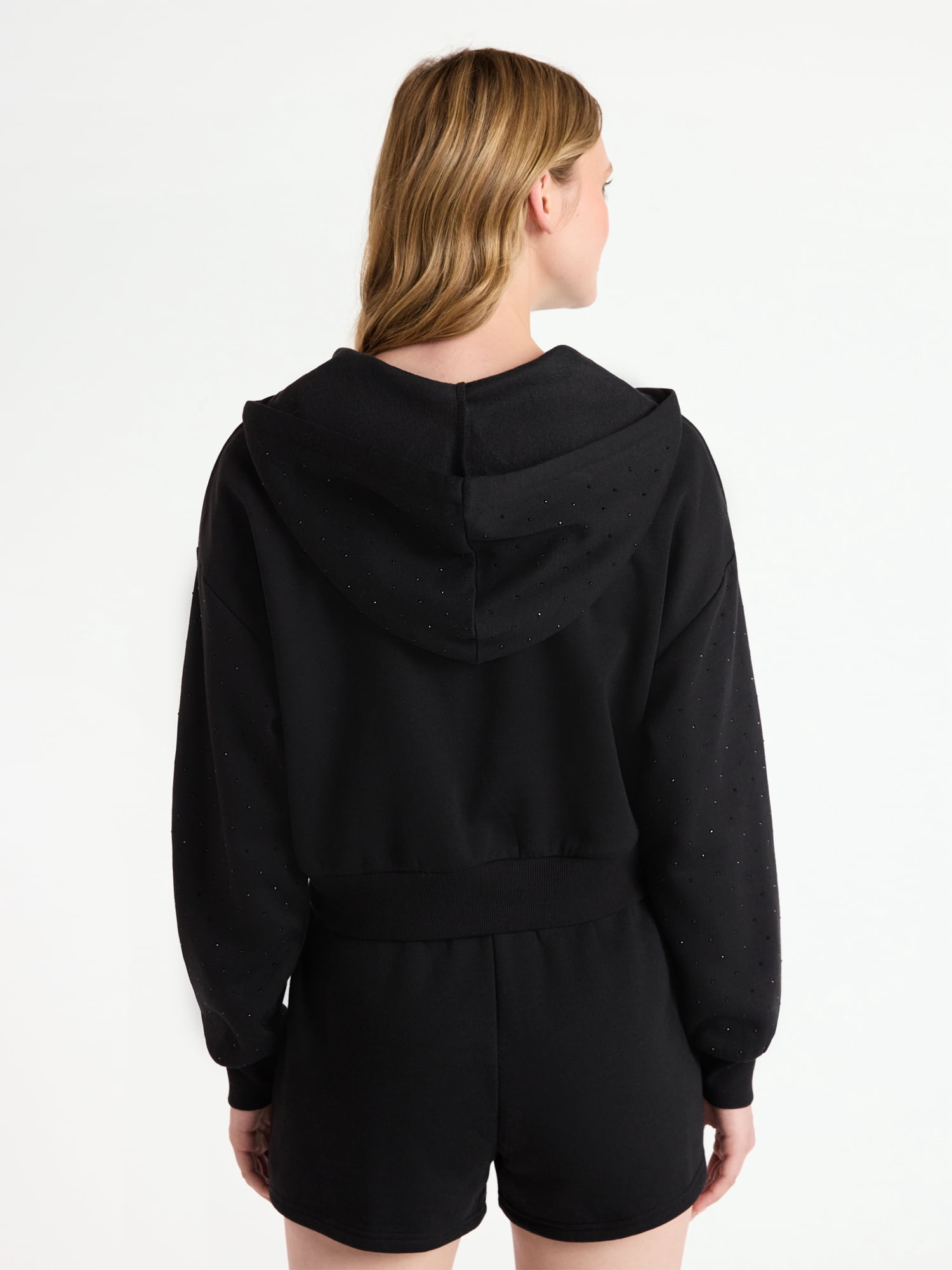No Boundaries Faux Rhinestone Cropped Hoodie and Shorts Set, 2-Piece, Women’s