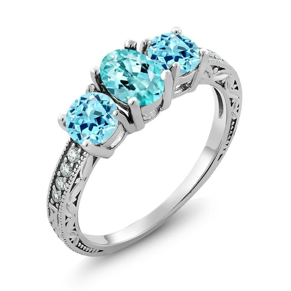 Gem Stone King 1.93 Cttw Oval Blue Apatite 925 Sterling Silver Moissanite Ring | Three Stone Wedding Engagement Anniversary Promise Ring for Women | Size 7
