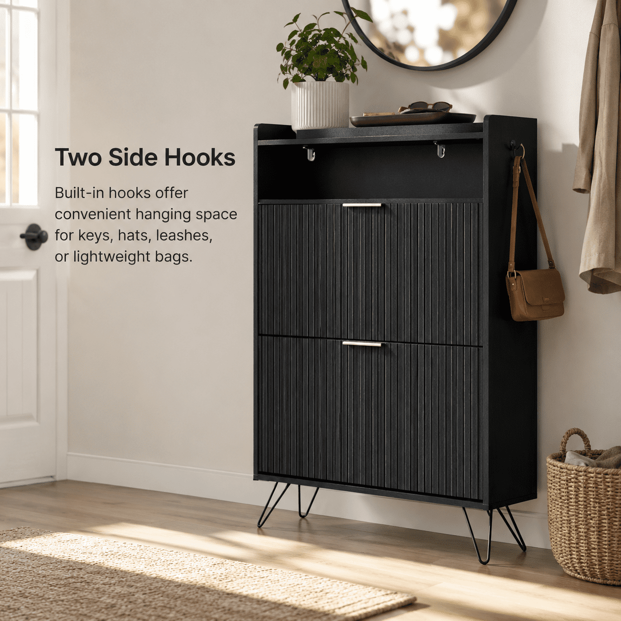 Alvantor Shoe Cabinet, 2 Flip-Down Doors with Hooks, Holds 10-12 Pairs, 31.5" W, Black