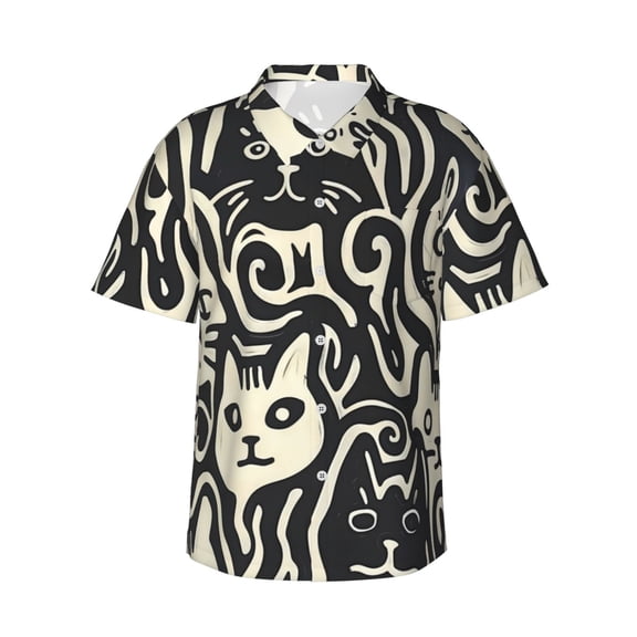 Gukieu Abstract Cat Faces Pattern Print Men's Short-sleeved Shirts, Button-down Lapel Hawaiian Shirts, T-shirts, Beach Vacation Summer Casual Wear,Small