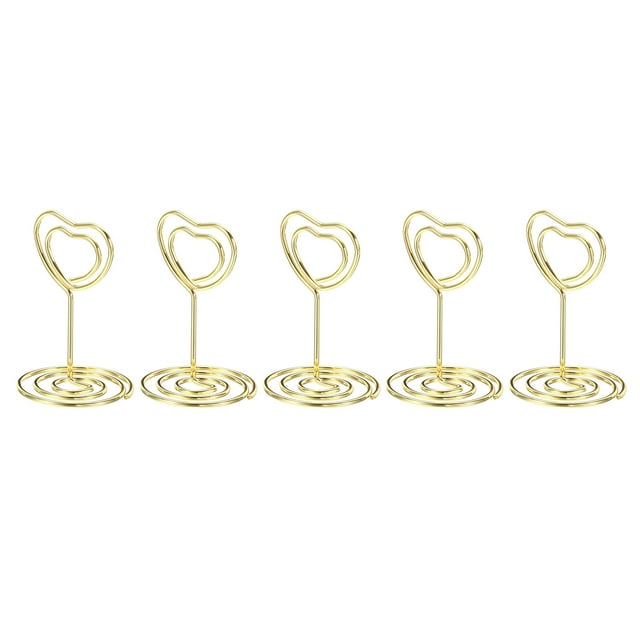 Unique Bargains 2 Inch Table Number Holder, 5 Pack Wire Photo Picture Place Card Seating Labels Heart Shape Clips, Gold Tone