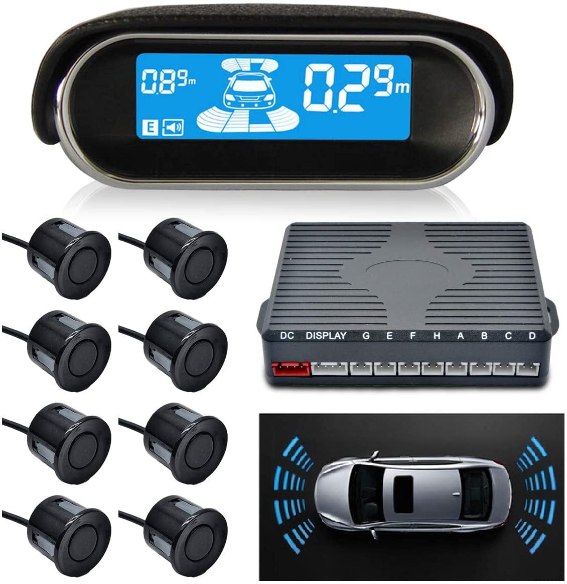 Display Front&Rear Car Reverse 8 Parking Sensors Kit Black Buzzer Alarm System 