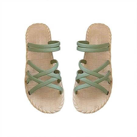 Womens Sandals Slippers  Imitation Espadrille Slippers  Two Ways to Wear Slippers and Sandals  Home Summer Cross Strap Flat Slippers Ladies Casual Shoes Imitation Straw Linen Open Toe Slippers