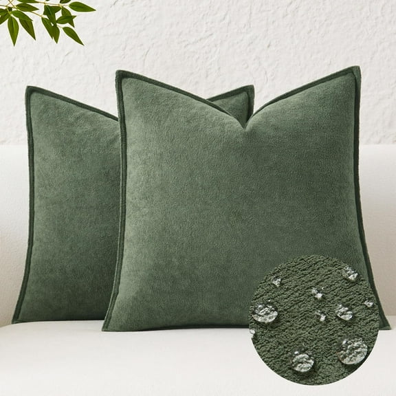 Waterproof Decorative Pillow Covers Olive Green 24x24 Inch Pack of 2 Soft Boucle Textured Throw Pillowcases Elegant Accent Pillows for Couch Sofa Chair Bed Home Decor Indoor Outdoor