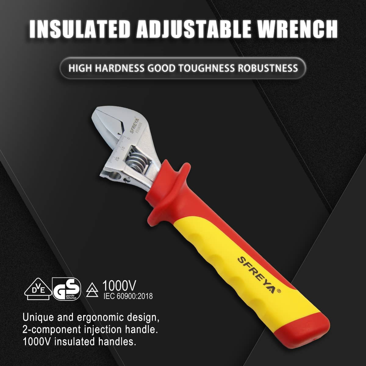 SFREYA F804010 Insulated Adjustable Wrench, VDE Certified 1000V Live Wire Work, Ergonomic Non-Slip Handle, European & US Standard Professional Electrician Insulated Spanner Tool