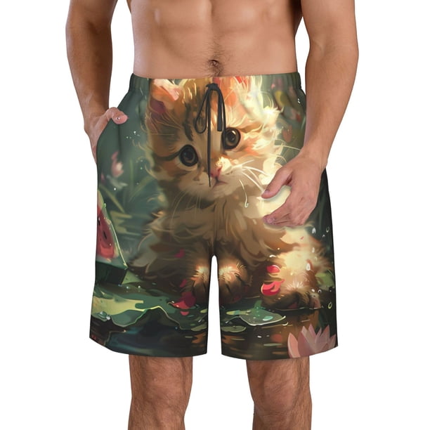 Fotbe Cute Kitten Water Lilies Trajes de Baño Estampados para Hombre, Shorts de Verano de Secado Rápido, Ropa de Playa, Bañadores-X-Large