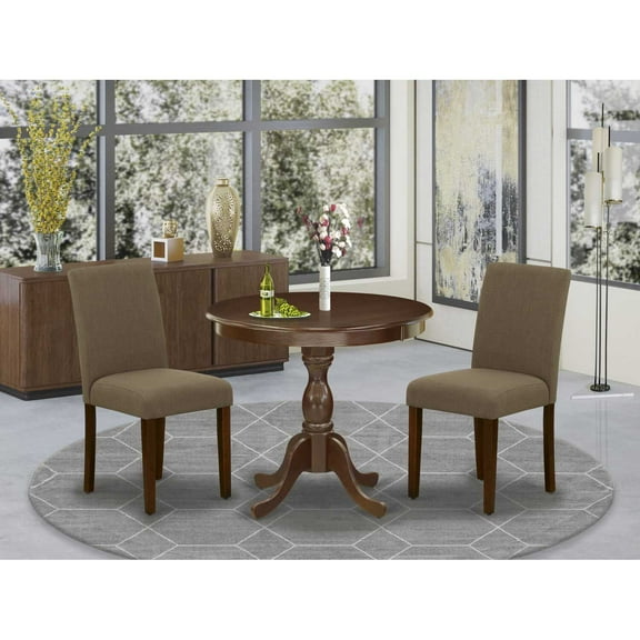 East West Furniture AMAB3-MAH-18 3 Pc Dining Room Set - 1 Kitchen Table and 2 Coffee Upholstered Dining Chair - Mahogany Finish
