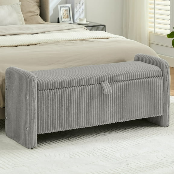 44'' Corduroy Storage Ottoman Bench, Upholstered End of Bed Storage Bench with Safety Hinge, Linear Bed Bench for Bedroom, Living Room, Entryway, Grey