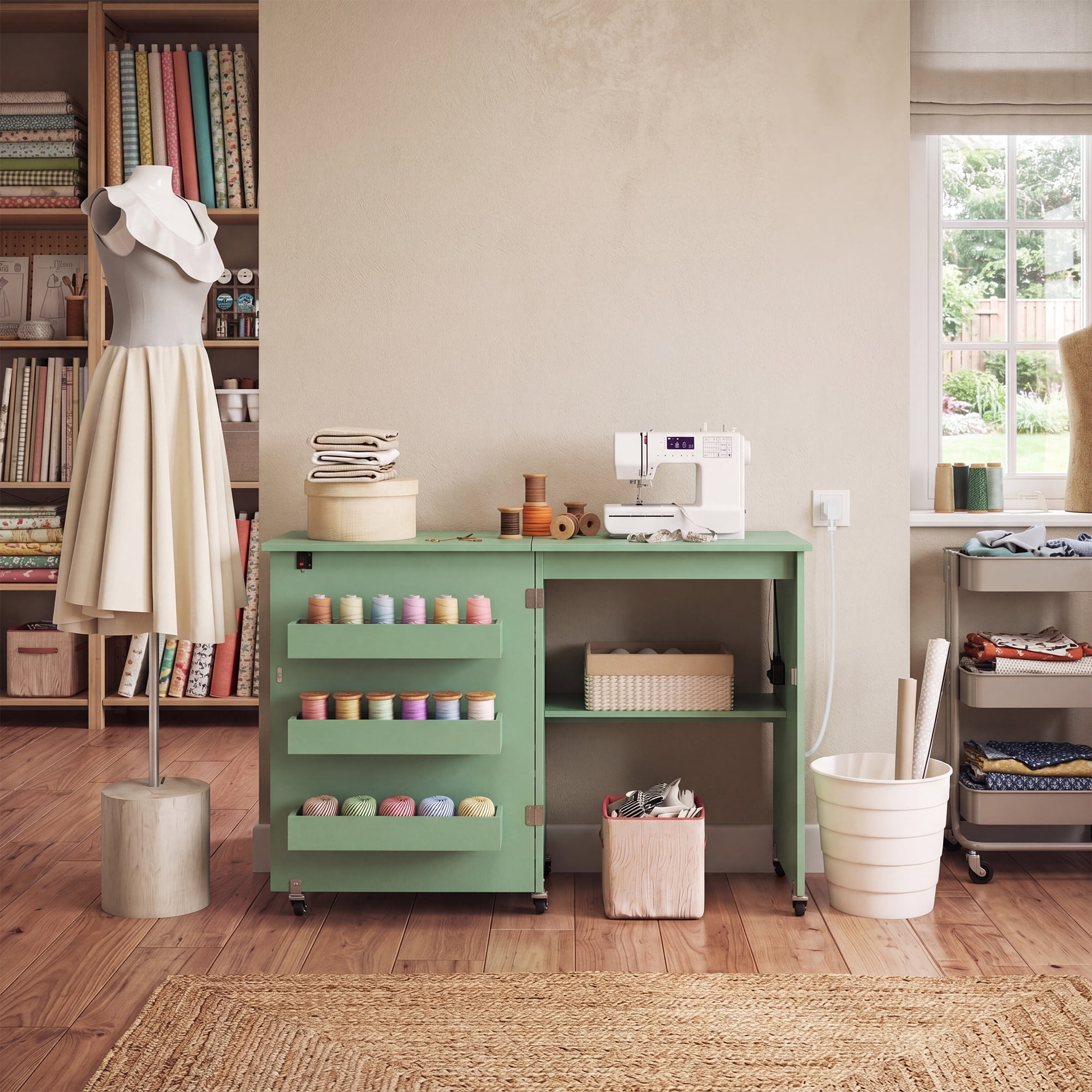 Costway Folding Sewing Machine Table with Power Outlets, 3 Storage Bins & Open Shelf Olive Green