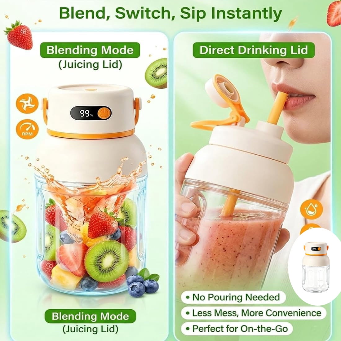 Portable Electric Juicer Cup with Zero Cord Hassle, 33oz BPA-Free Portable Wireless Juicer Cup with Straw and Two Lids, Multifunctional fresh Juice Blender for Smoothies, Shakes, Fruit (Orange)