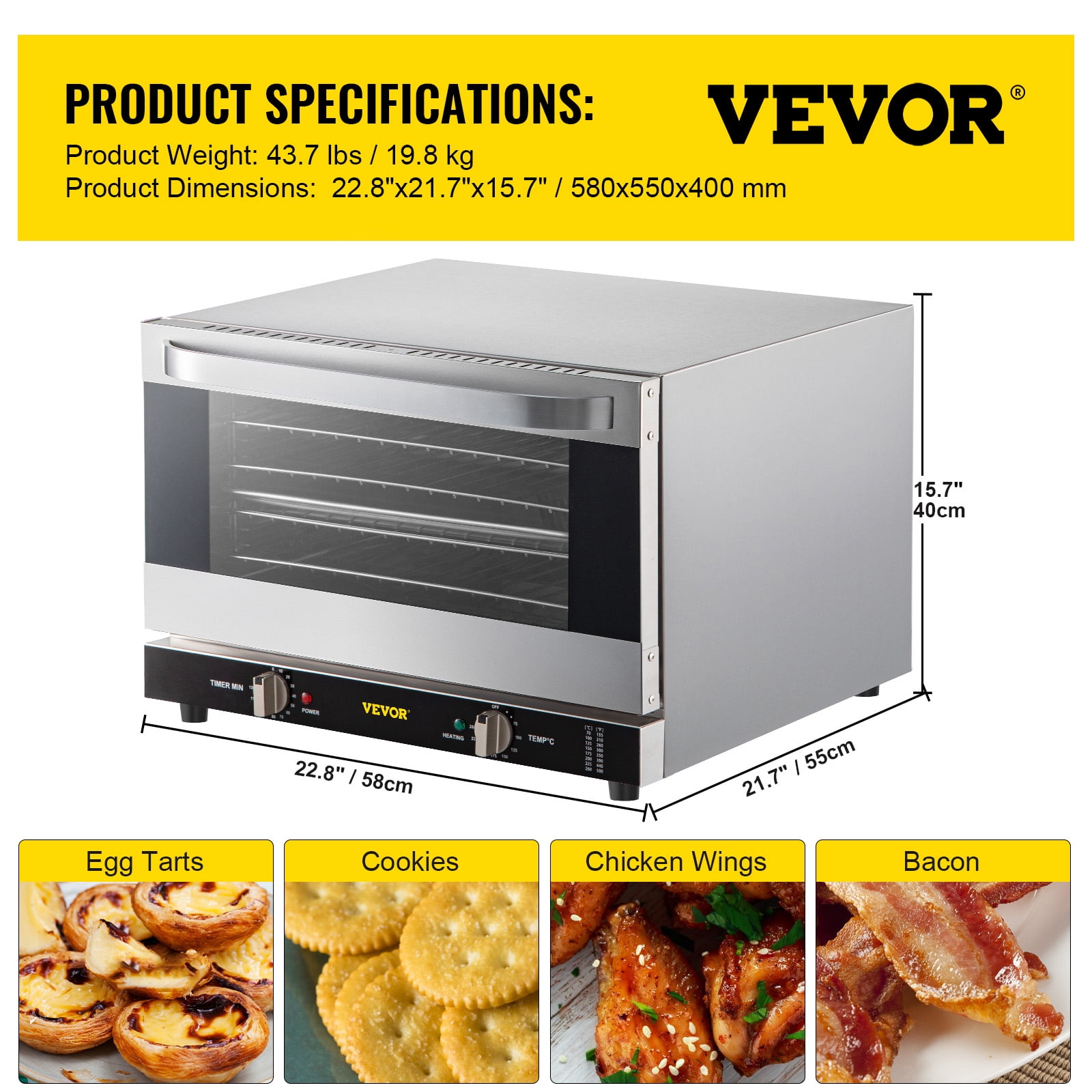 VEVOR Commercial Convection Oven, 47L/43Qt, Half-Size Conventional Oven Countertop, 1600W 4-Tier Toaster with Glass Door, Electric Baking Oven with Trays Wire Racks Clip Gloves, 120V, ETL Listed