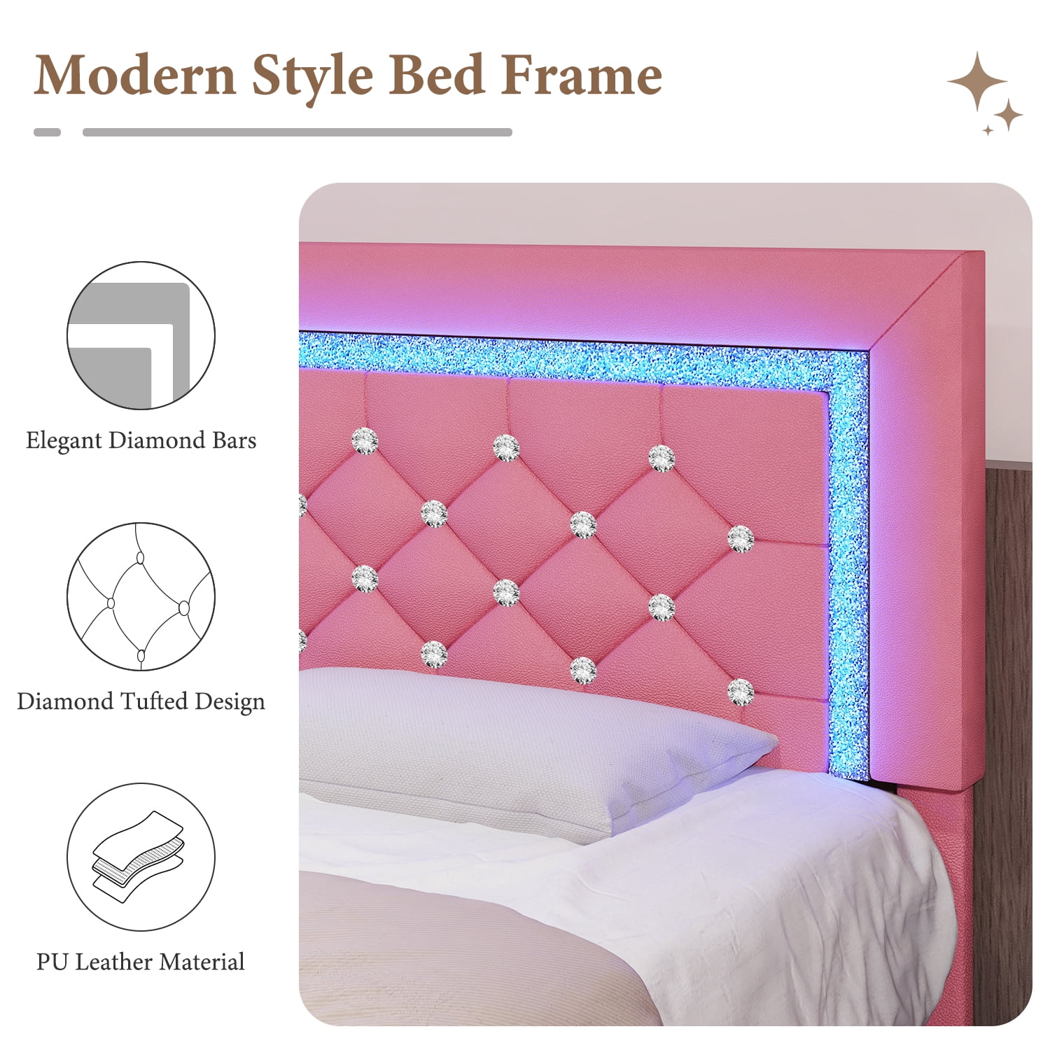 4 Ever Winner Twin Size Pink LED Bed Frame, Upholstered Diamond
