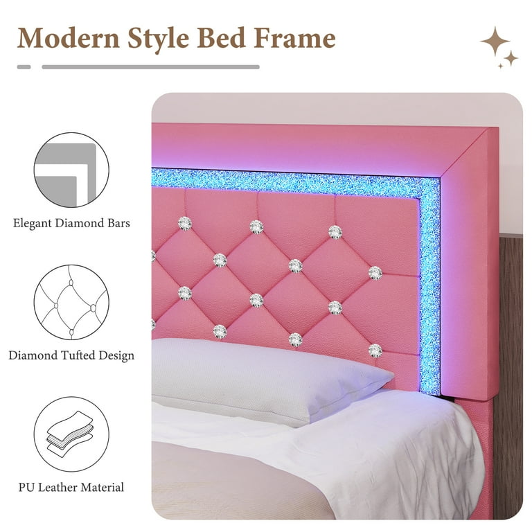 4 Ever Winner Twin Size Pink LED Bed Frame, Upholstered