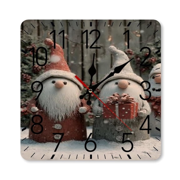 RKSupls 10×10inch Square Silent Wall Clock Wooden Frame, Gnomes Christmas Snow Scale Decorative Clock for Home Bedroom Living Room Office