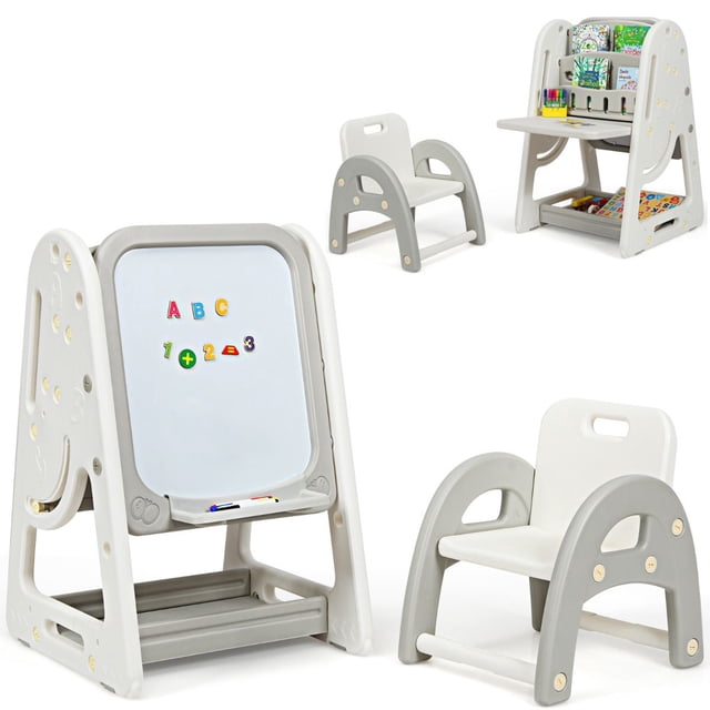 Costway Caballete para Pintar 2 en 1 para Niños Pizarra de Doble Cara y Librería 62,5 x 53 x 71-100 cm