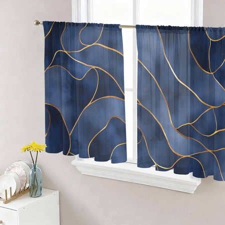 Navy Blue Marble Semi Sheer Curtains 45 Inch Length 2 Panels Set Modern Golden Geometric Abstract Sheer Kitchen Curtain Privacy Voile Window Curtain for Living Room Bedroom Rod Pocket Drapes