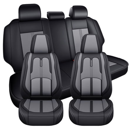 Fit for Nissan Versa 2016 Black and Gray Car Seat Covers Premium Leather 360° Full Wrapped Set Non-Slip Lining Fine Exquisite Workmanship Airbag-Compatible