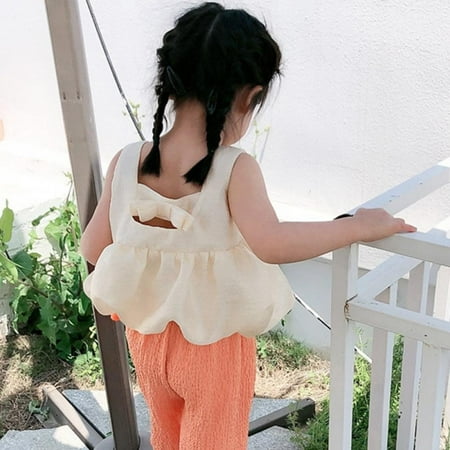 

Bullpiano Summer girl Fashion Backless Bow Tanks solid color sleveless Camisoles top simple casual party vest kie clothing for girl 1-6y
