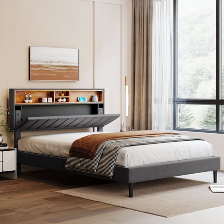 Paproos Queen Size Upholstered Platform Bed with Storage Headboard and USB Port  Linen Fabric Upholstered Bed with Strong Slats  No Box Spring Needed  Queen Bed Frame for Kids Teens Adults  Gray