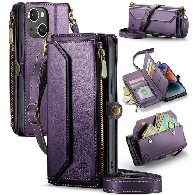 Funda tipo cartera tipo bandolera compatible con iPhone 14, color morado