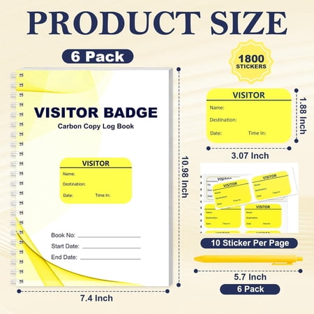 6 Pack of 1800 Visitor Badges Registry Log Letter Size Visitor Log Book with Binding Yellow Stickers and Carbon Copy for School Business