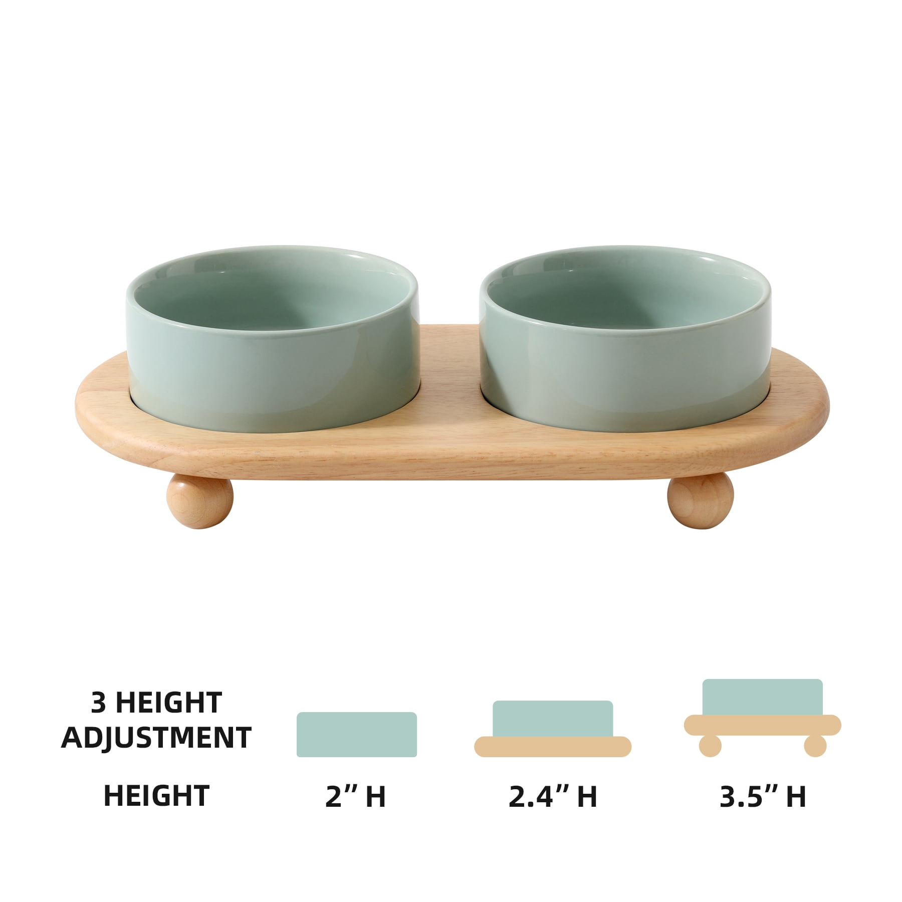 LarqeeWare Ceramic Elevated Cat Food and Water Bowl, Kitty Bowl, Raised Cat Dish, Pet Feeder (5.1 in, 2 x Light Green + Stand)