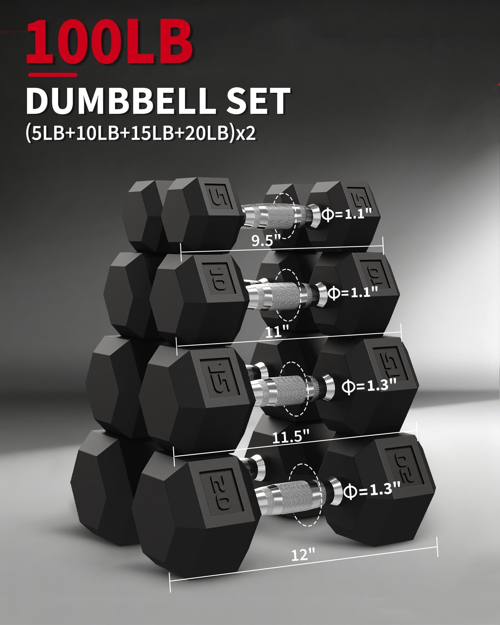 5 to 50 LB Hex Dumbbell Set of 2, Hand Weights Pair with Cast Iron Core, Rubber Encased Coating, Textured Carbon Steel Handle for Home Gym Strength Training