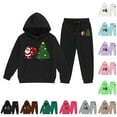 thumbnail image 4 of FYEGRE Festive Holiday Print Girls Long Sleeve Hooded Sweater and Pants Outfit Set with Letter Design for Toddler and Youth Sizes Khaki 4-5 Years, 4 of 4