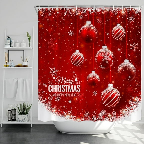 Clearance!Merry Christmas Shower Curtain Red Christmas Ball Berry White Xmas Snow Pine Fir Branch Leaf Winter Holiday Glittering Bling Happy New Year Fabric Bathroom Curtain Decor with Hook (70x35 Inc