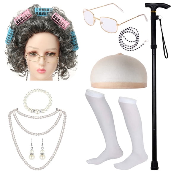 KAWELL 9 pcs Old Lady Costume 100 Days Costume Granny Old Lady Wig Halloween Dress Up Accessories