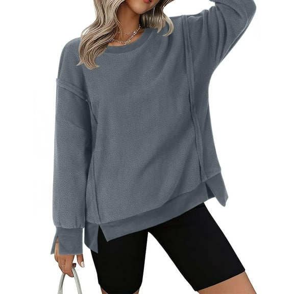 HOMBOM Fleece Sweatshirt for Women Dark Gray Crew Neck Solf Plain Lightweight Long Sleeve Womens Tops Pullover