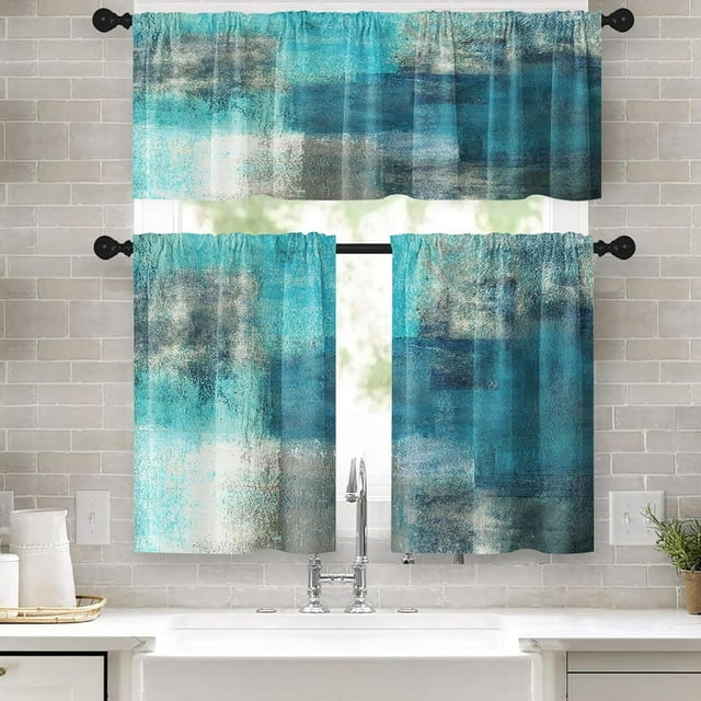 Turquoise Kitchen Curtains Teal Grey Window Curtains Valance and Tier Set 36 Inch, Modern Rod Pocket Short Tier Curtain, Abstract Art Small Cafe Curtains for Kitchen Decor