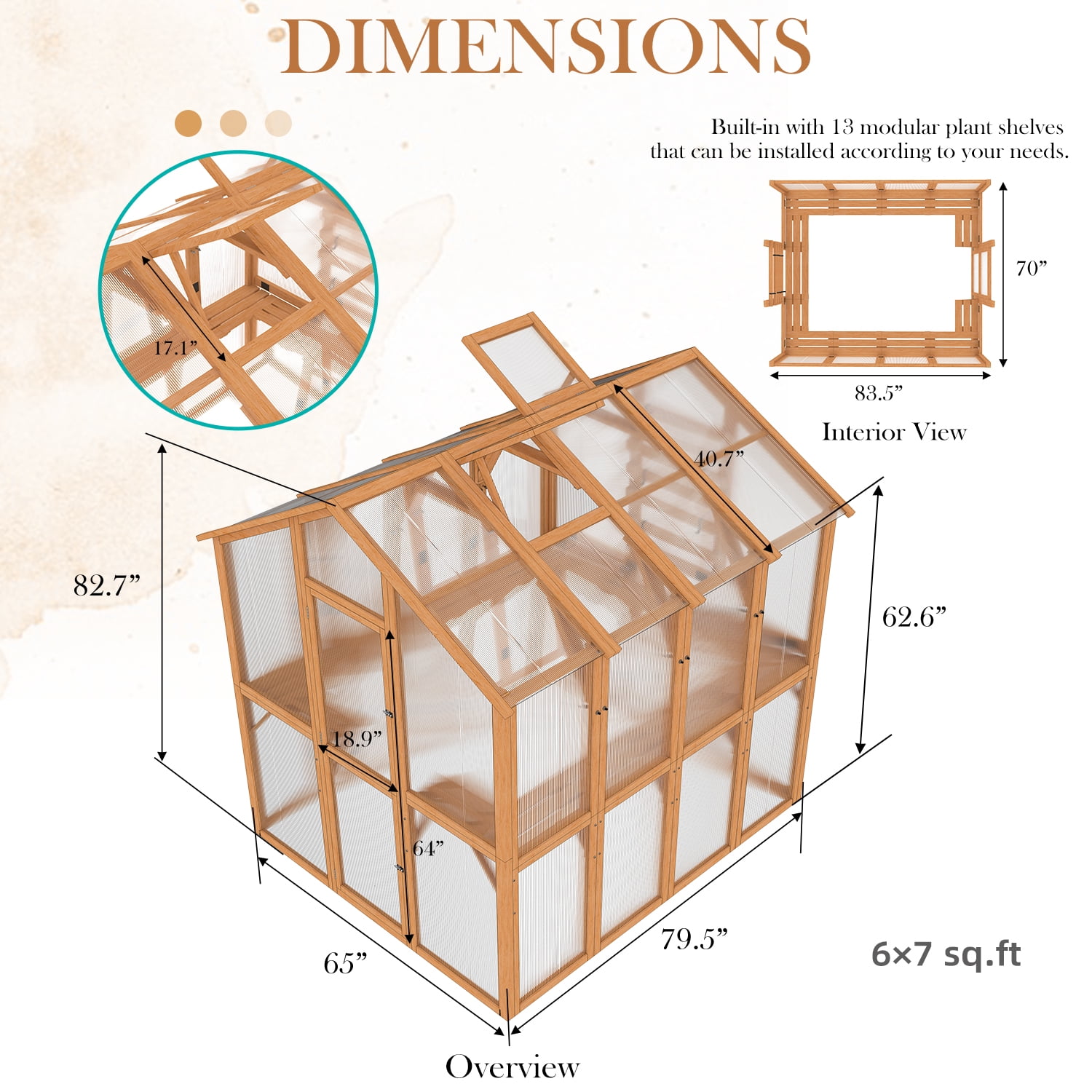 AECOJOY 6x7 FT Wooden Greenhouse For Outdoors,Walk-in Garden Greenhouse with Plant Stand with Polycarbonate Panels for Backyard or Patio