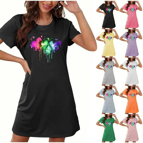 YHAJDS Sleep Gown for Women Plus Size Short Sleeve Nightshirt with Front Print Round Neck