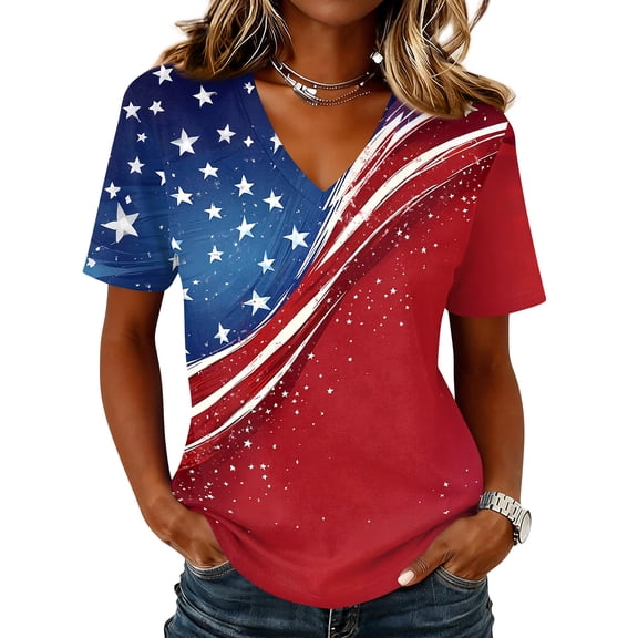 Dweltoz 250 Anniversary Usa Tshirts for Women 1776-2026 4th July Patriotic Shirt V-Neck Short-Sleeved American Falg Print 250th Birthday Tee,Red XL