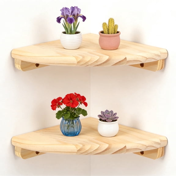 2 Pack Corner Floating Shelves for Wall, 2 Tier Wood Corner Wall Shelf, 7inch Solid Wood Floating Corner Shelf with Storage for Bedroom, Living Room and Office, Plant Display Rack