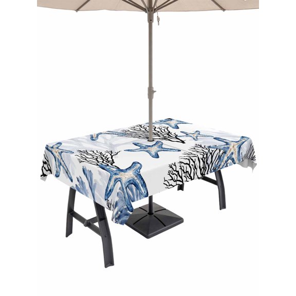 Outdoor Tablecloth with Umbrella Hole for Patio/Picnic/Party/Camping, Coastal Blue Coral Waterproof Table Cloth Rectangle Table Cover Washable, Summer Ocean Starfish Nautical Vintage (60"x 120")