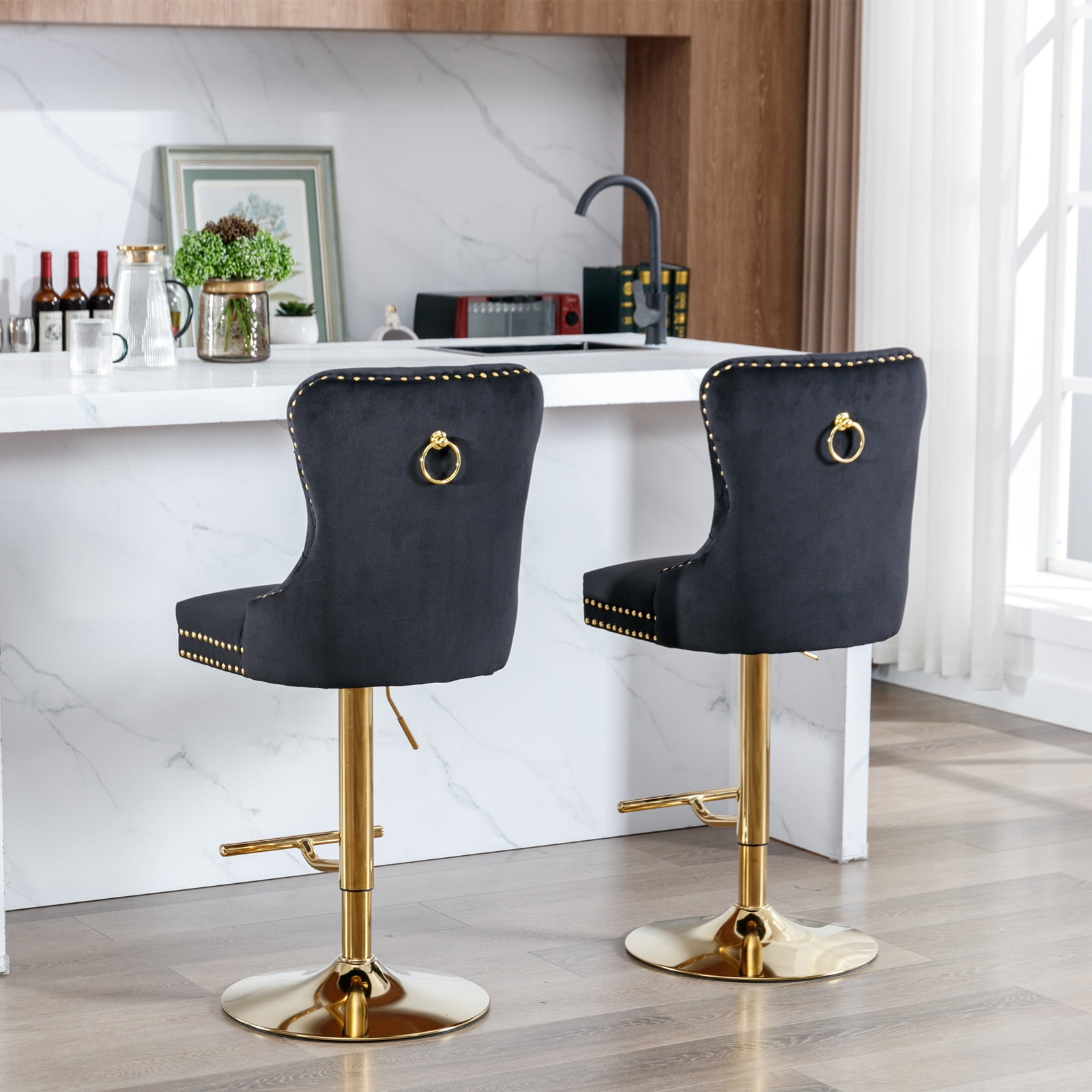4-Piece Velvet Swivel Bar Stools, Adjustable Counter Height Dining Bar Chairs with Tufted Backrest and Nailhead Trim for Kitchen Island （Black with Gold Leg）