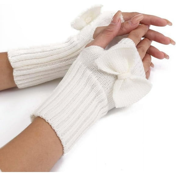 2 Pair 2 Pairs Knit Fingerless Gloves Bowknot Crochet Thumb Holes Gloves Hand Wrist Mitten for Women Writing Texting