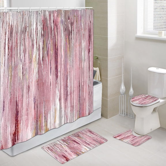 4 Pcs Shower Curtain Set, Blue and Grey Abstract Art Shower Curtain with Non-Slip Rugs, Toilet Lid Cover and Bath Mat, Bathroom Sets Decorations 72" x 72", Pink