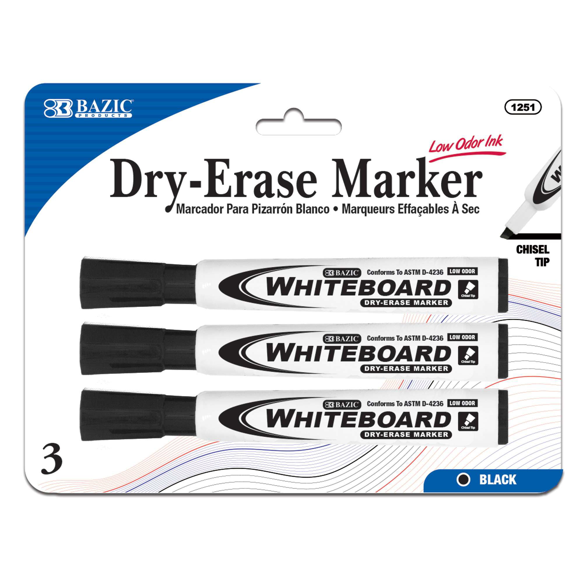 Durable Chisel Point 3 pcs Asst Color Chisel Tip Dry Erase Marker With Eraser 