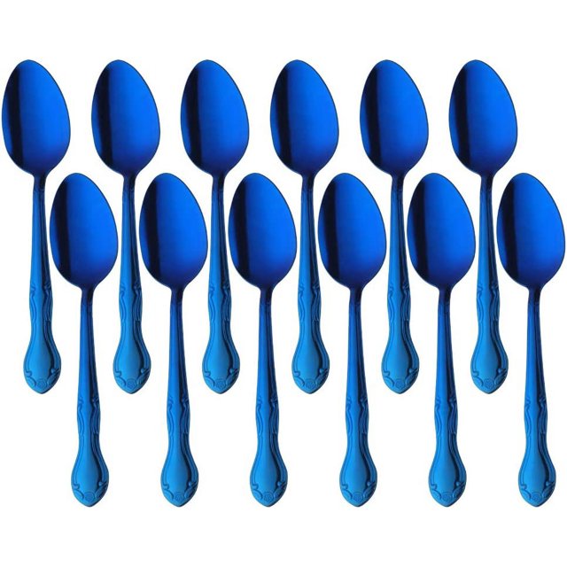 12-Piece Stainless Steel Dinner Spoons with Flower Edge, Stainless Steel Dinner Spoons Set, Spoon Dessert Spoons for Home, Kitchen or Restaurant - 7.3 Inches-Blue