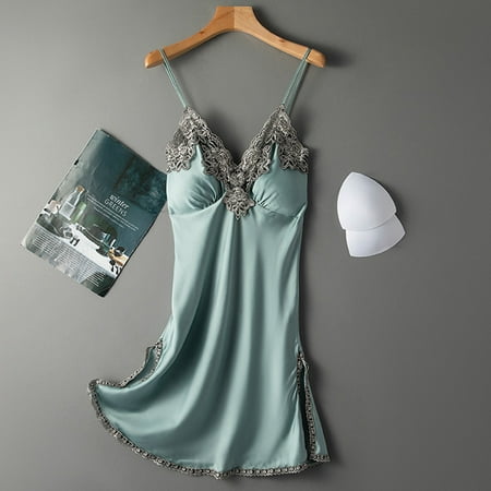 GATXVG Womens Satin Nightgowns Lingerie Pajamas  Mini Slip Lace Chemise Nightwear Sleepdress with Padded  Bridal Babydoll Nightie Solid Sleepwear Loungewear