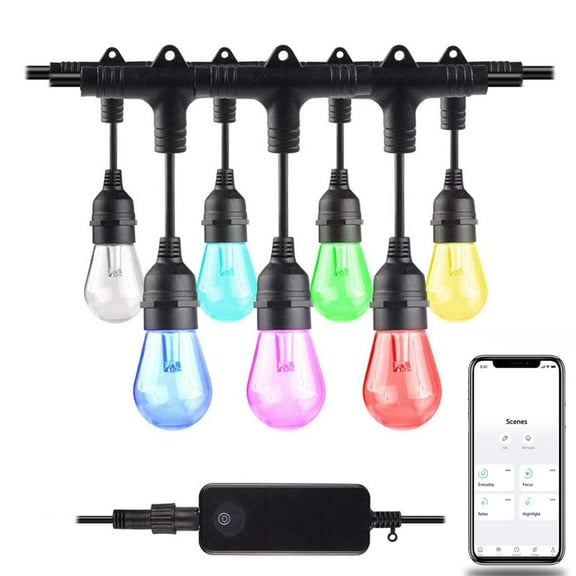 Bulbrite  36-foot Smart Indoor/Outdoor String Light Kit with Shatter Resistant RGB Color Changing LED Light Bulbs - Multicolored
