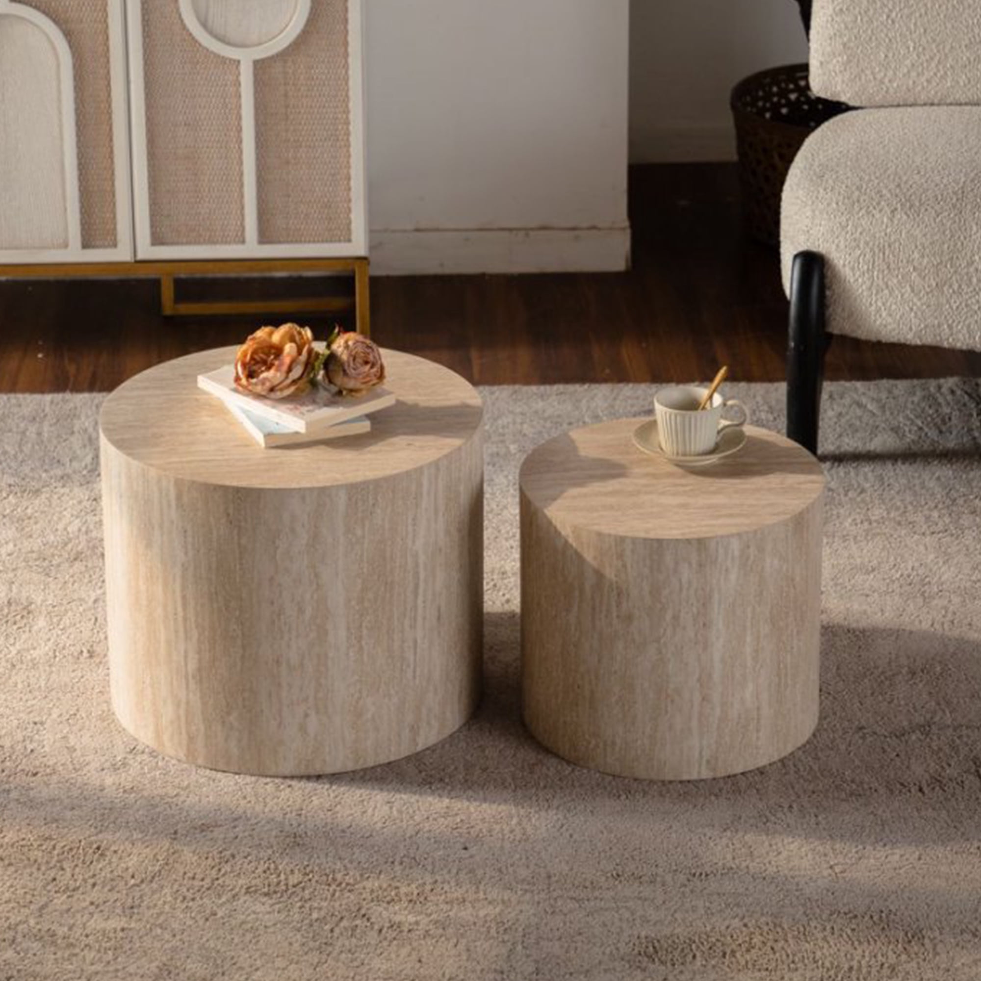 Leumius Nesting Coffee Table Set of 2 Round Wooden Coffee Tables Circle Modern Accent End Side Table for Small Space Living Room Bedroom Amber